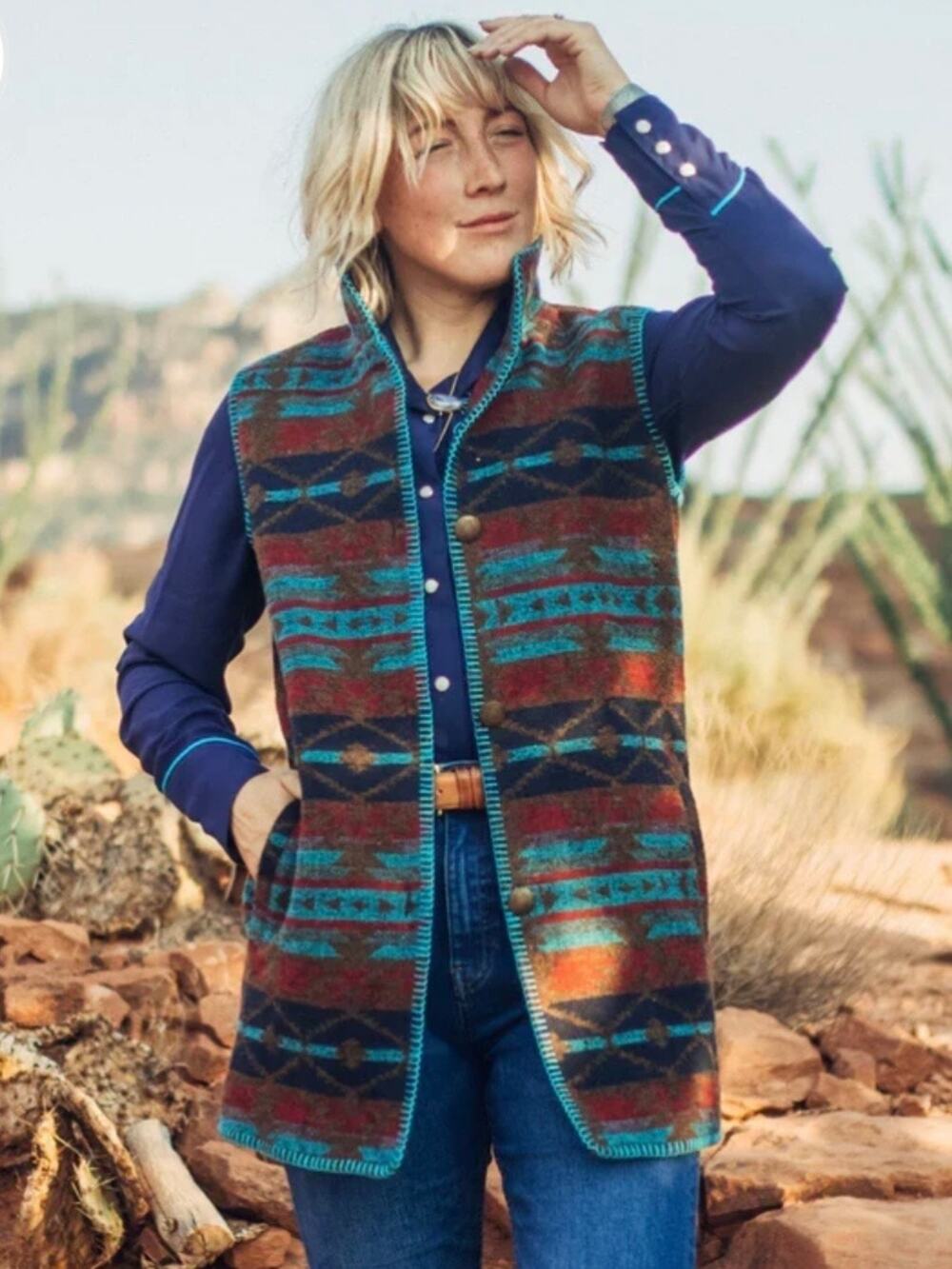 Outback Trading Company Stockyard Vest Turquoise Brown NEW Large